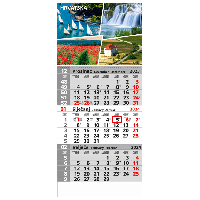 Kalendar zidni trodijelni sa slikom i spiralom